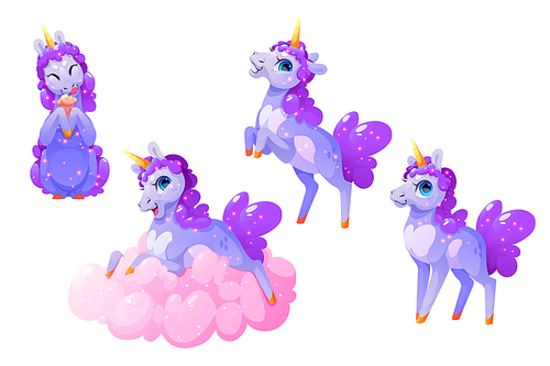 Cute unicorn character in different poses isolated on white . Vector set of cartoon funny magic horse with golden horn and purple mane eat ice cream, smile and lay on pink cloud