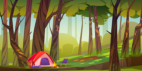 Camping tent with campfire and tourist stuff in forest, traveler halt with backpack, chair and mat on nature landscape with deciduous trees. Scenery summer or spring wood Cartoon vector illustration
