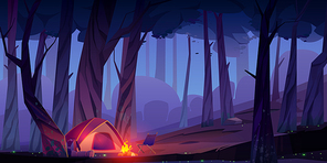 Summer camp with bonfire and tent at night. Vector cartoon landscape with campsite, fire and backpack in dark evenint wood. Illustration of travel, hiking and activity vacation