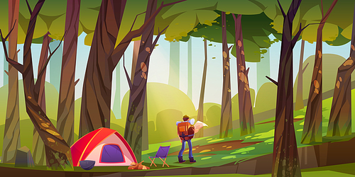 Traveler camp in forest, tourist with backpack and map stand at scenery wood landscape search right direction. Travel journey, adventure, orienteering or hiking lifestyle, Cartoon vector illustration