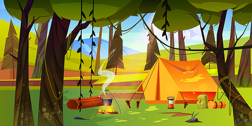 Summer camp with bonfire, tent, backpack and lantern. Vector cartoon landscape with mountains, forest and campsite with bowler on fire. Equipment for picnic, travel, hiking and activity vacation