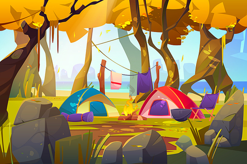 Camping tents with fire and tourist stuff in autumn forest, traveler halt with chair, drying clothes on nature landscape with trees and sea scenery view, hiking or travel Cartoon vector illustration