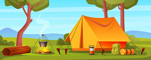 Summer camp in forest with bonfire, tent, backpack and lantern. Vector cartoon landscape with campsite, trees, log and bowler on fire. Equipment for travel, hiking and activity vacation