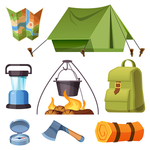 Set of camping equipment and stuff tent, map, rucksack and axe with mat, compass, cauldron hang on fire and lantern. Touristic items isolated on white  Cartoon vector illustration, icons