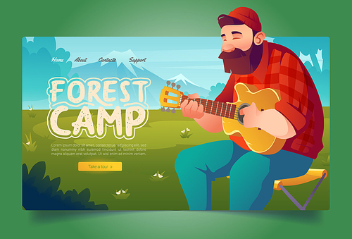 Forest camp cartoon landing page, man tourist playing guitar on mountain landscape background. Summer camping, leisure, vacation hiking or traveling activity, touristic agency ad Vector web banner
