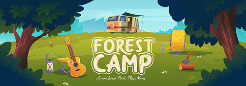 Forest camp poster with van, chair and guitar. Concept of travel, hiking and activity vacation. Vector banner with cartoon landscape with trees, campsite on green grass and mountains on background