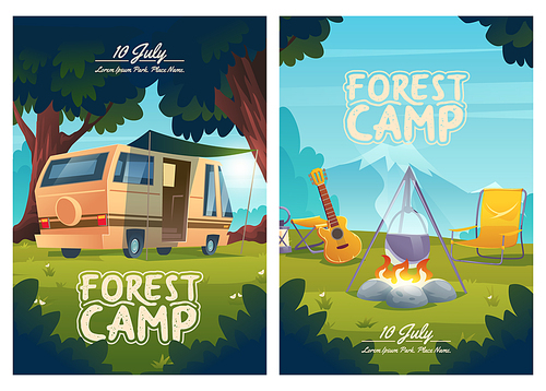 Forest camp cartoon flyers, invitation to summer camping. Rv caravan, campfire with pot and guitar on mountain view. Summertime traveling, trip, hiking outdoor activities, nature relax vector posters