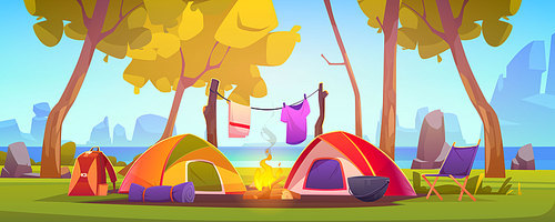 Summer camp with tent, campfire, trees, lake and mountains on background. Vector cartoon landscape of natural parkland, countryside. Picnic on river beach