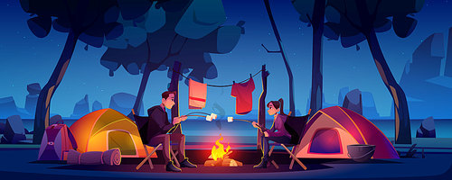 Summer camp with couple, tent and campfire at night. Vector cartoon landscape of two people in natural parkland, countryside with lake and mountains on background. Picnic on river beach