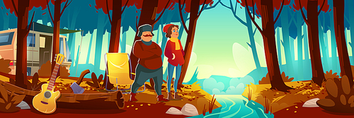 Autumn forest with brook, camp and people. Vector cartoon landscape of woods with orange grass and leaves on trees, river, campsite with van, chair, guitar and tourists