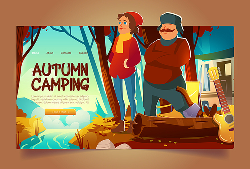 Autumn camping website with forest landscape with brook and people. Vector landing page with cartoon woods with orange grass and leaves on trees, river, campsite with van, chair, guitar and tourists