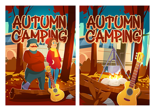 Autumn camping cartoon posters, man and woman tourists with rv caravan, campfire and guitar in fall forest camp landscape. Touristic family vacation, hiking or traveling activity, Vector illustration
