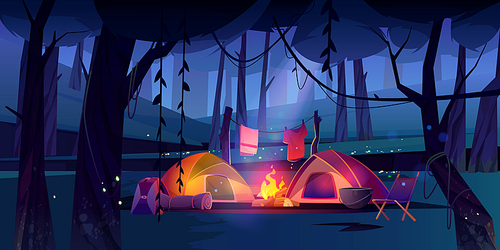 Night camping with tents, campfire and tourist stuff in dark forest. Cozy traveler halt with chair, drying clothes on nature landscape with trees and glowworms scenery view Cartoon vector illustration