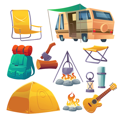 Summer camp with tent, bonfire, backpack and van. Equipment for travel, hiking and activity vacation. Vector cartoon set of campfire with bowler, guitar, chair and lantern isolated on white 