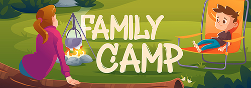 Family camp cartoon banner, children relax in forest camping, girl sitting on log and boy on chair near bonfire. Tourists summer leisure, vacation hiking or traveling activity, Vector illustration
