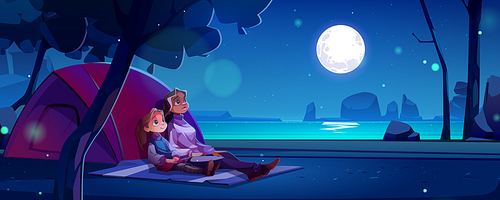 Summer camp with woman and girl sitting on blanket at night. Vector cartoon landscape with river, trees, rocks and campsite with tent and mother with child watching on sky with moon and stars