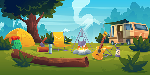 Summer camp with bonfire, tent, van, backpack, chair and guitar. Vector cartoon landscape with mountain, forest and campsite. Equipment for travel, hiking and activity vacation