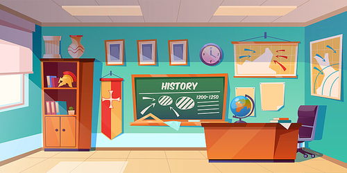 Classroom of history empty interior, school class room with teacher table, green blackboard with scheme, map and clock hanging on wall, books cupboard, studying items. Cartoon vector illustration