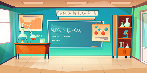 Chemistry cabinet, empty classroom laboratory interior with chemical formula on blackboard, beakers for experiments on desk, furniture and school supplies. Educational room cartoon vector illustration