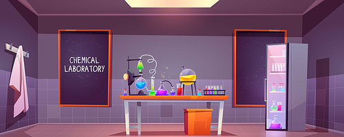 Chemical laboratory interior with glass flasks, tubes and beakers on table, blackboard on wall. Vector cartoon illustration of lab room with equipment for science research or medical test