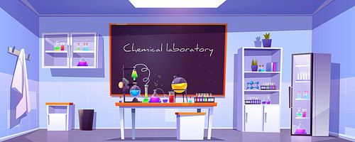 Chemical laboratory, empty chemistry cabinet or classroom interior with blackboard, beakers for experiments on desk, furniture and scientific supplies. Educational room cartoon vector illustration