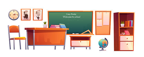 Classroom furniture with inscription Welcome to school on chalkboard. Vector cartoon set illustrations of class interior with globe, books on desk and blanck poster and clock on wall isolated on white