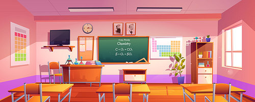 Classroom for chemistry learning with formula on chalkboard. Vector cartoon illustration of empty school class interior with flasks on desk and poster with chemical periodic table on wall