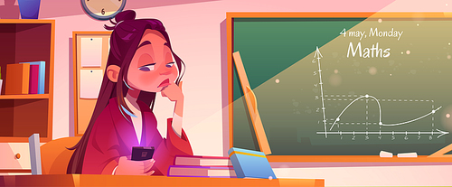Smartphone addiction concept, bored young teacher with cell phone in hand sitting at table near blackboard with mathematics lesson chatting in network instead of teaching, Cartoon Vector illustration
