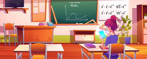 School girl with mobile phone in classroom. Vector cartoon illustration of mathematics class interior with tables, chalkboard, tv on wall and student using smartphone