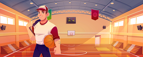 Basketball court with player, tribune, basket and scoreboard on wall. Vector cartoon illustration of man with ball, professional sportsman in gym with sport ground and hoop