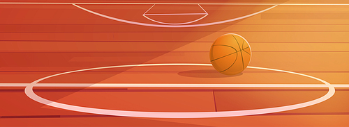 Basketball ball lying on wooden school gymnasium floor with white markup. Court interior, sports arena or hall for team games, indoor stadium illuminated with sunlight, cartoon vector illustration