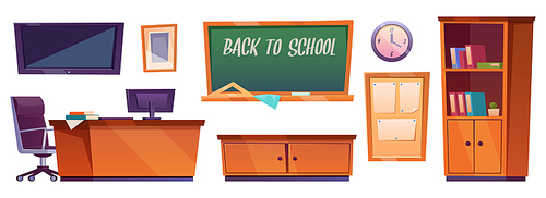 Classroom furniture, class interior stuff blackboard with inscription back to school, cupboard with textbooks, teacher desk with Pc, board with blank posters and clock on wall, Cartoon vector set