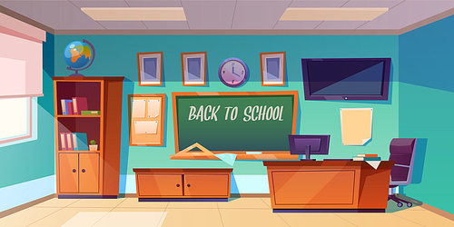 Back to school poster with empty classroom with teachers desk, green chalkboard and globe. Vector cartoon illustration of modern room for kids education with computer and tv screen on wall