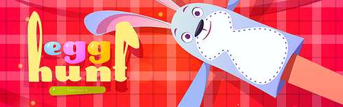 egg hunt cartoon web banner with funny rabbit hand toy on checkered plaid background. . celebration event, invitation for holiday, children party flyer with cute bunny doll, vector illustration