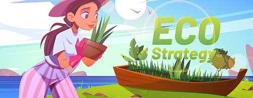 Eco strategy cartoon banner, woman volunteer planting trees in old wooden boat on sea beach. Forest restoration, reforestation, care of plants, save nature, environment protection Vector Illustration