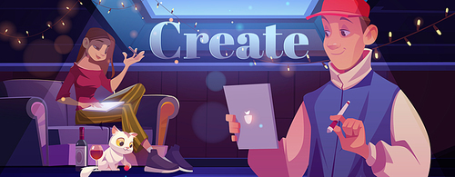 Create cartoon motivational banner. Young man and woman at home art place on attic writing or painting on tablet pc at night time. Thoughtful people creativity at dark mansard, vector illustration.