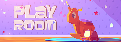 Play room cartoon banner with kids wooden toys rocking unicorn and car on cute baby wallpaper background. Invitation to child area, kindergarten, nursery day care center, vector web banner