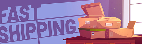 Fast shipping cartoon banner, pile of cardboard boxes lying on post office table. Parcel delivery service, freight and cargo warehouse logistic, courier shipment, distribution Vector illustration