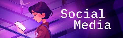 Social media poster with girl using mobile phone on escalator. Vector banner of online communication, network and internet content with cartoon illustration of woman with smartphone