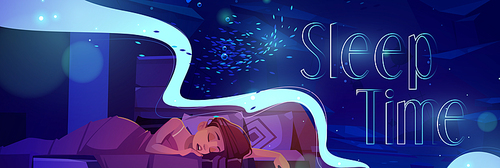 Sleep time cartoon banner, young woman sleeping on bed at dark night room, dormant female character lying under blanket nap, relaxed girl seeing sweet dreams at home bedroom, Vector illustration