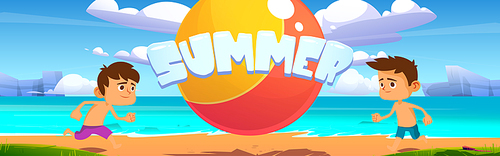 Summer beach with kids playing ball cartoon banner. Boys outdoor fun at sea shore, family vacation and holidays leisure on ocean coastline, friends or brothers games and recreation vector illustration