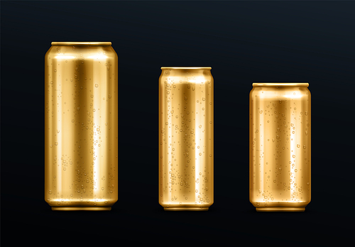 Metal cans with water drops, gold colored container for soda or energy drink, lemonade or beer. Isolated golden empty mockup with cold condensation for brand design template realistic 3d vector set