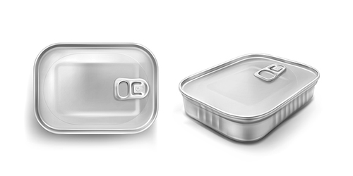 Sardine tin can with pull ring mockup top and angle view. Food metal jar with closed lid, silver colored aluminium rectangle preserves canister isolated on white , Realistic 3d vector icons