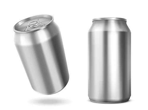 Tin can with open key front and angle view. Blank cylinder metal jar with pull ring on lid, silver colored aluminium canister for cold drink isolated on white , Realistic 3d vector mockup