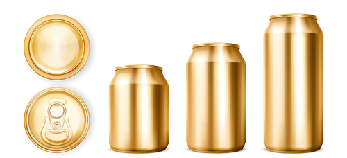 Golden tin cans for soda or beer in front, top and bottom view. Vector realistic 3d mockup of blank gold cans different sizes for drink with ring pull on lid isolated on white 