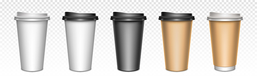 coffee cups with closed lids, packaging mockup. blank plastic or paper mugs for hot drinks, street take away cafe utensil for beverages. realistic 3d vector set isolated on transparent