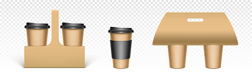 Coffee cups in kraft paper holders. Cardboard packaging for take away hot drinks. Vector realistic mockup of blank brown carriers for disposable tea cups with black caps