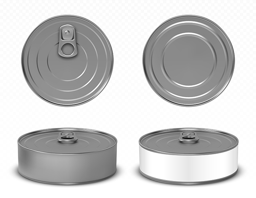 Round metal tin can for pet food, meat or fish isolated on white . Vector realistic mockup of blank aluminum container with ring pull on lid and white label in front, top and bottom view