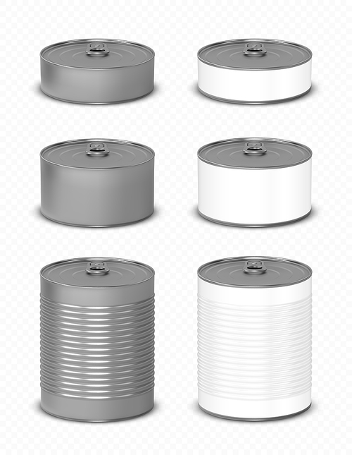 Tin can with pull ring side view. Cylinder food metal jars with open key lid. Low, middle or high silver and white colored smooth and ribbed isolated aluminium canisters, Realistic 3d vector icons set