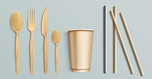 Wooden cutlery, paper cup and metal straw. Reusable and disposable flatware. Vector realistic set of fork, spoons and knife from wood or bamboo, steel and paper straws for drinks, brown carton mug